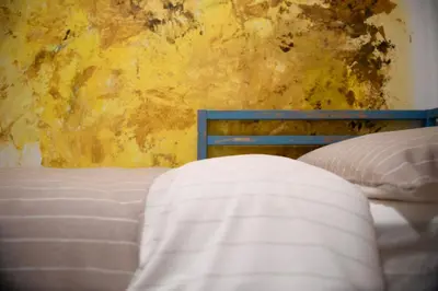 a bedroom with a bed and a yellow wall at Giotto Apartments in Prague