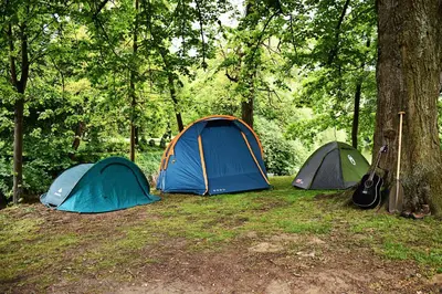 three tents sitting in a field next to trees at Apartmány & Kemp Sázavský ostrov in Sázava