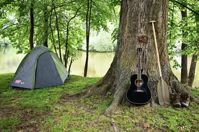 a tent and a guitar next to a tree at Apartmány & Kemp Sázavský ostrov in Sázava