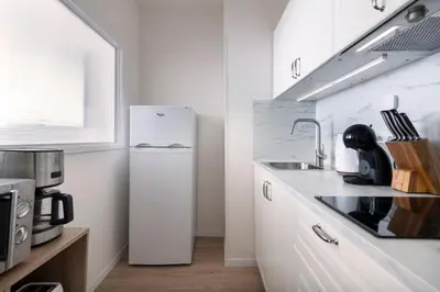 a kitchen with a white refrigerator and a sink at Prague Serenity Suites and Apartments in Prague