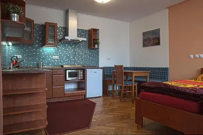 a kitchen with a sink and a refrigerator and a table at Penzion U Vinotéky in Nymburk