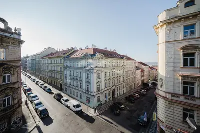 an aerial view of a city street with buildings at Prague Days - Open-plan Apartment with Netflix in Žižkov in Prague