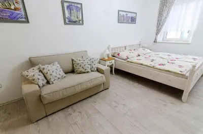 a living room with a couch and a bed at Guesthouse SaM in Roudnice nad Labem