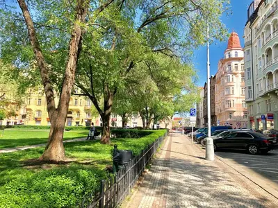 a park with trees and a fence and buildings at CE Apartment Prague Castle in Prague