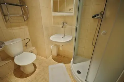 a bathroom with a toilet and a sink and a shower at Hotel Bohemians in Prague
