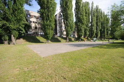 a park with trees and a building in the background at Hotel Bohemians in Prague