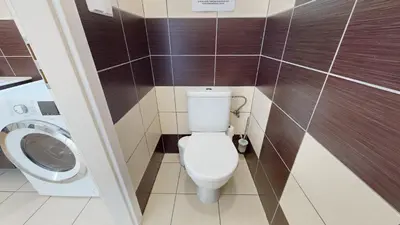 a bathroom with a toilet and a washing machine at Apartmán Dubová in Milovice