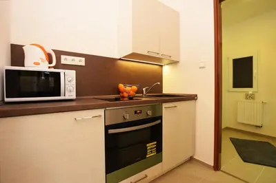 a kitchen with a microwave and a stove top oven at Císařka Apartments in Prague