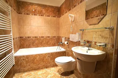 a bathroom with a toilet and a sink and a tub at SPA Hotel Liliova Prague Old Town in Prague