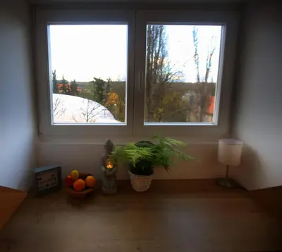 a room with two windows and a bowl of fruit at Sport Pension Cibulka in Prague