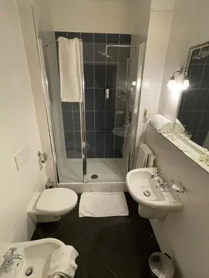 a bathroom with a shower and two sinks and a toilet at U Cervene zidle - Red Chair Hotel in Prague