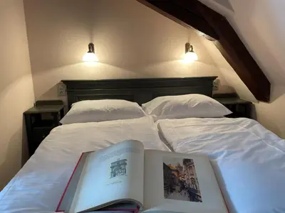 a bedroom with a bed with a book on it at U Cervene zidle - Red Chair Hotel in Prague