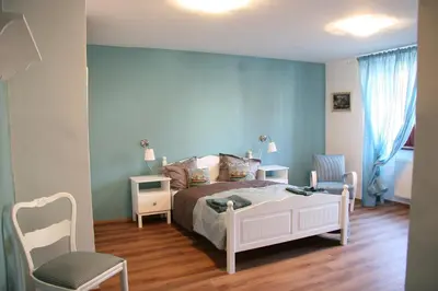 a bedroom with a bed and a blue wall at Penzion U Kapra in Roudnice nad Labem