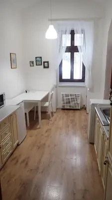 a large kitchen with a table and a window at Apartment Jackie in Prague