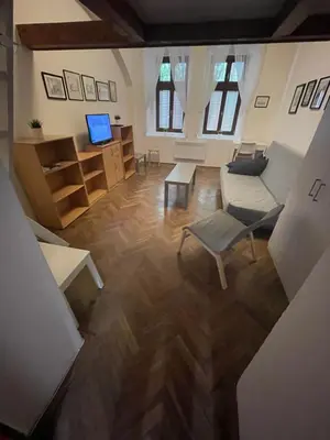 a living room with a couch and a desk with a laptop at Apartment Jackie in Prague