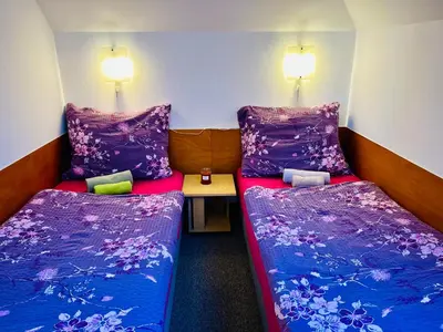 two beds in a small room with purple sheets at Penzion Chaloupka in Prague