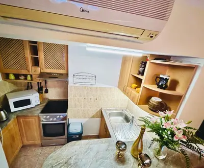 a small kitchen with a sink and a microwave at Penzion Chaloupka in Prague