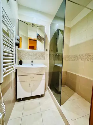 a bathroom with a sink and a shower at Penzion Chaloupka in Prague