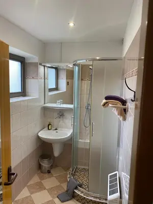 a bathroom with a shower and a sink at Penzion Chaloupka in Prague