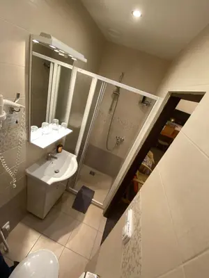 a bathroom with a sink and a shower at Penzion Chaloupka in Prague
