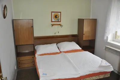a bedroom with a large bed with wooden cabinets at Pension Sparta in Prague