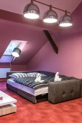 a bedroom with a bed with two cats on it at Spacious and Quiet Attic Flat in Centre in Prague