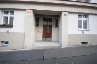 a white building with a brown door and windows at Gallery Apartment in Prague