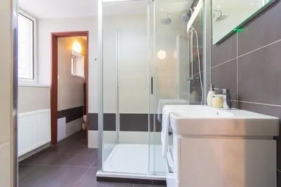 a bathroom with a sink and a shower at Karlova Apartment in Prague