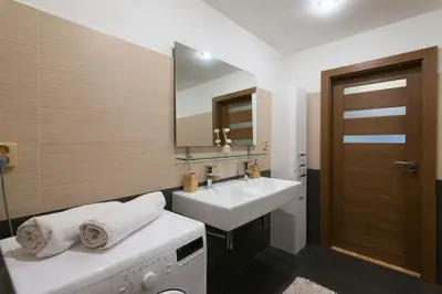a bathroom with a sink and a washing machine at Spacious apartment near Wenceslas Square in Prague