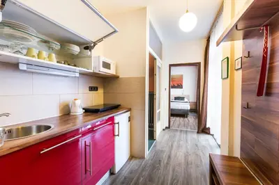 a kitchen with red cabinets and a sink at Rezidence Davids Apartments in Prague