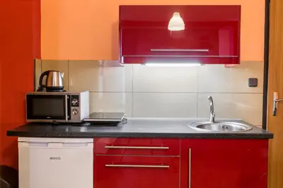 a kitchen with a sink and a microwave at Rezidence Davids Apartments in Prague