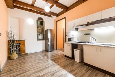 a kitchen with white cabinets and a refrigerator at Rezidence Davids Apartments in Prague