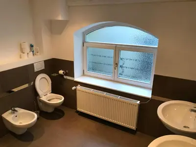a bathroom with a toilet and a sink and a window at DN Pub Apartments in Prague