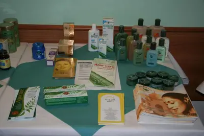 a table with a bunch of products on it at Lazensky Hotel Park in Poděbrady