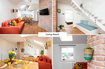 a living room and a living room with a red couch at Rehorova apartments by Pragueforyou in Prague