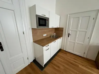 a small kitchen with a sink and a microwave at Palackeho Apartment in Prague