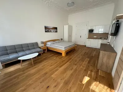 a living room with a couch and a table at Palackeho Apartment in Prague