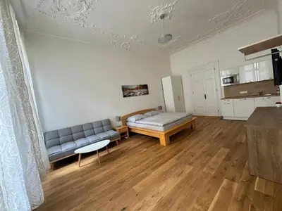 a living room with a couch and a table at Palackeho Apartment in Prague