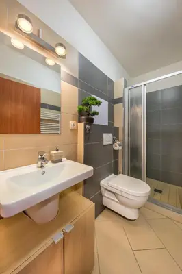 a bathroom with a sink and a toilet and a shower at Paradise Apartment in Prague