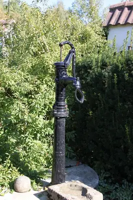 a black water fountain in the middle of a garden at Penzion BEAKO na 
