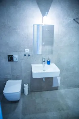 a bathroom with a sink and a toilet and a mirror at Gregory House in Prague