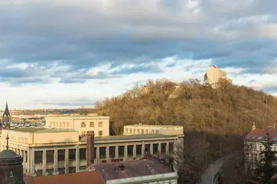 a view of a city with buildings and a hill at Gregory House in Prague