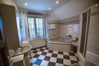 a green bathroom with a sink and a skylight at Prague Sweet Home in Prague
