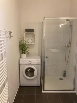 a bathroom with a washing machine and a shower at Apartments near the pond in Prague