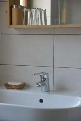 a bathroom sink with a faucet on top of it at Statek Krkavčí Hora in Nižbor