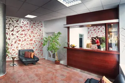 a waiting room with a chair and a mirror at Hotel Atlas in Benešov