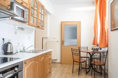 a kitchen with a table and chairs in a room at Pension Konopiste in Benešov