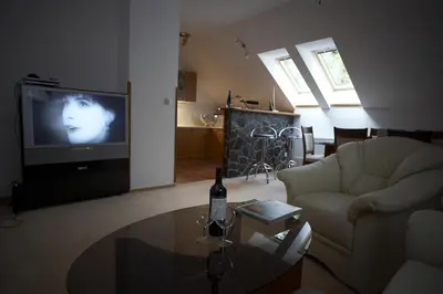 a living room with a table and a television at Pension Konopiste in Benešov
