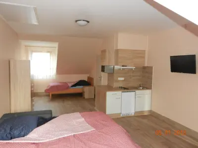 a bedroom with a bed and a kitchen with a tv at Penzion AMÁLKA Černín in Zdice