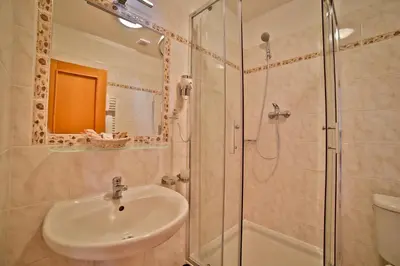 a bathroom with a sink and a shower at Penzion Karlštejn in Karlštejn